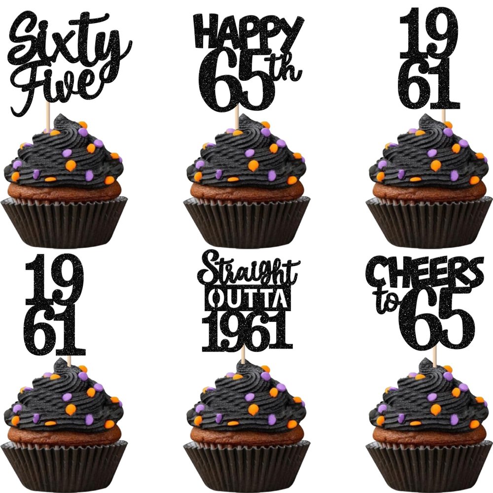 30PCS Black 65th Birthday Cupcake Toppers Glitter Sixty Five Happy 65th Straight Outta 1961 Cupcake Picks for Cheers to 65 Years Birthday Anniversary Party Cake Decorations Supplies