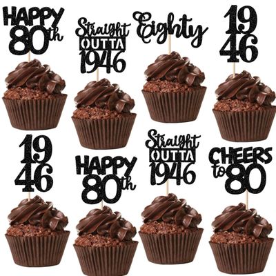 30PCS Black 80th Birthday Cupcake Toppers Glitter Eighty 80 Fabulous Happy 80 Straight Outta 1946 Cupcake Picks for 80th Birthday Anniversary Retirement Party Cake Decorations Supplies