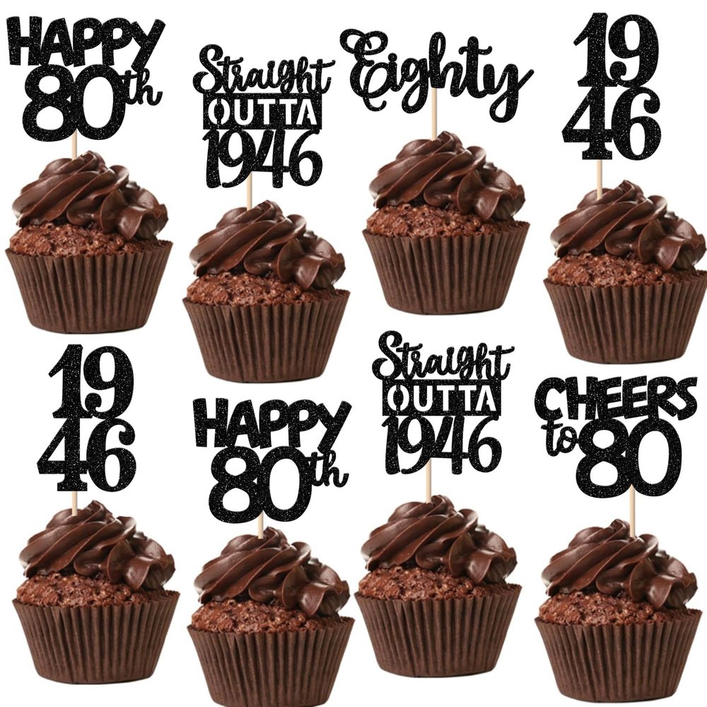30PCS Black 80th Birthday Cupcake Toppers Glitter Eighty 80 Fabulous Happy 80 Straight Outta 1946 Cupcake Picks for 80th Birthday Anniversary Retirement Party Cake Decorations Supplies