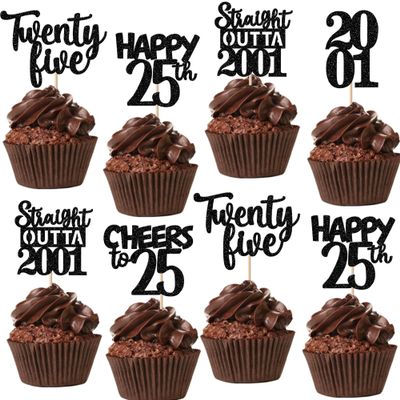30PCS Black 25th Birthday Cupcake Toppers Glitter Twenty Five Happy 25th Straight Outta 2001 Cupcake Picks for Cheers to 25 Years Birthday Anniversary Party Cake Decorations Supplies