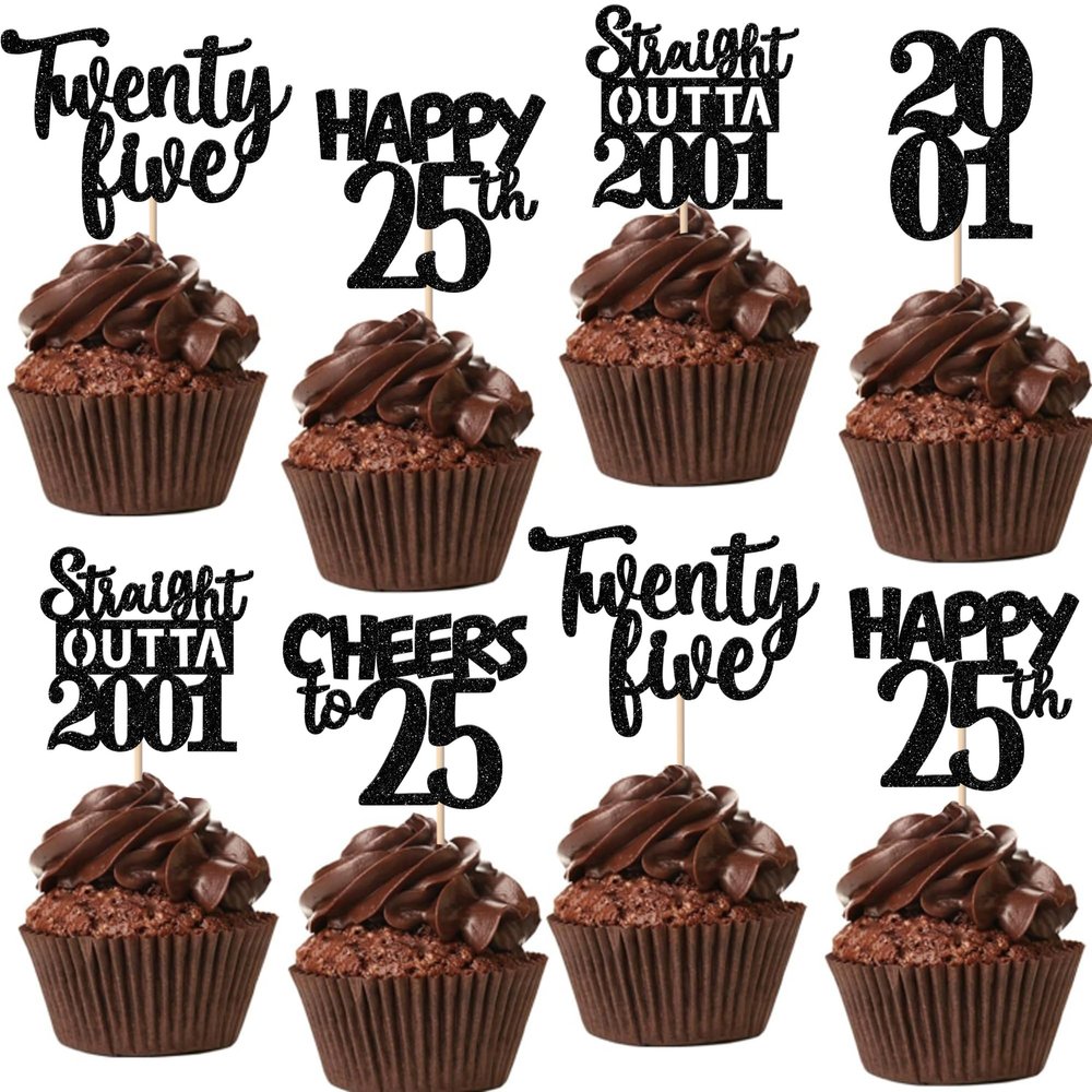 30PCS Black 25th Birthday Cupcake Toppers Glitter Twenty Five Happy 25th Straight Outta 2001 Cupcake Picks for Cheers to 25 Years Birthday Anniversary Party Cake Decorations Supplies