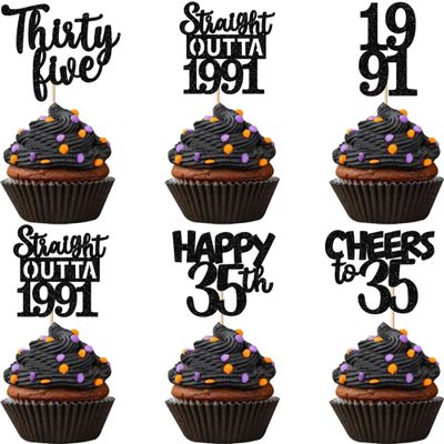 30PCS Black 35th Birthday Cupcake Toppers Glitter Thirty Five Happy 35 Straight Outta 1991 Cupcake Picks for Cheers to 35 Years 35th Birthday Anniversary Party Cake Decorations Supplies