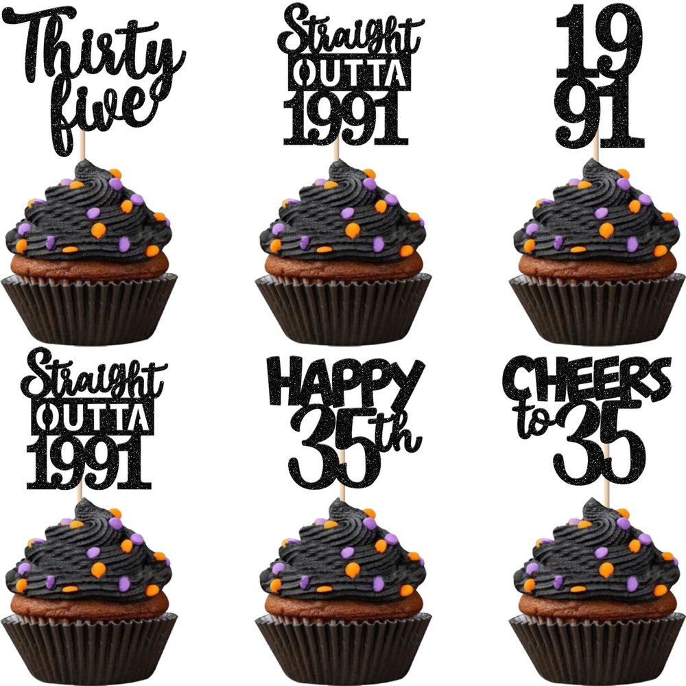 30PCS Black 35th Birthday Cupcake Toppers Glitter Thirty Five Happy 35 Straight Outta 1991 Cupcake Picks for Cheers to 35 Years 35th Birthday Anniversary Party Cake Decorations Supplies