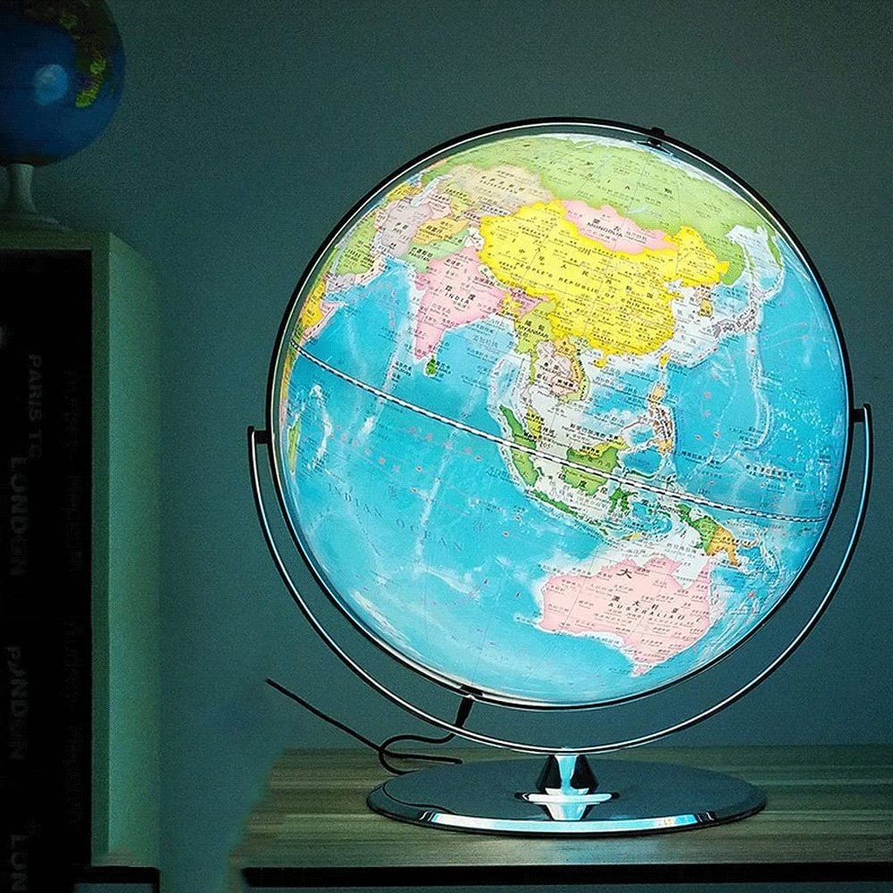 HRTC World Globe 16.5in World Globe Led Light Large Lighting with Silver Stand Antique Globe for Teaching Office Supplies Decorative Globe Clear Text Marking