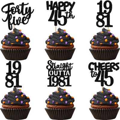 30PCS Black 45th Birthday Cupcake Toppers Glitter Forty Five Happy 45 Straight Outta 1981 Cupcake Picks for Cheers to 45 Years 45th Birthday Anniversary Party Cake Decorations Supplies