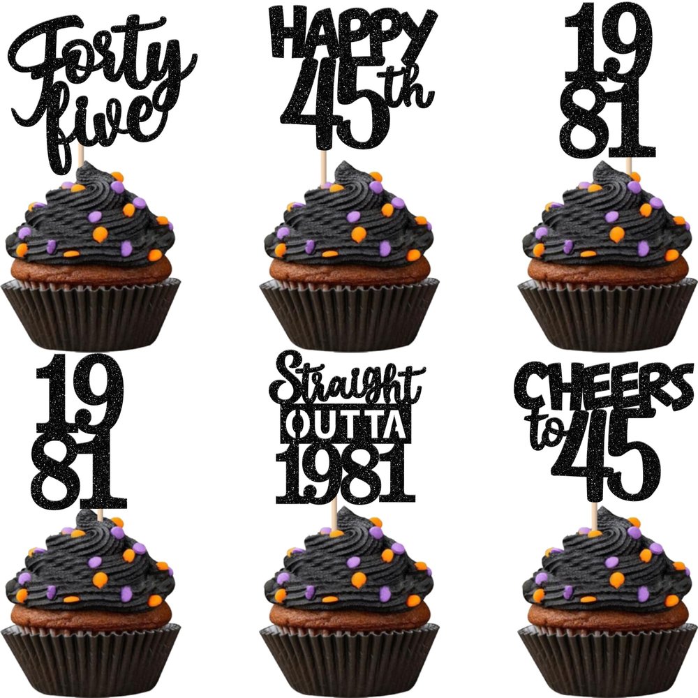 30PCS Black 45th Birthday Cupcake Toppers Glitter Forty Five Happy 45 Straight Outta 1981 Cupcake Picks for Cheers to 45 Years 45th Birthday Anniversary Party Cake Decorations Supplies