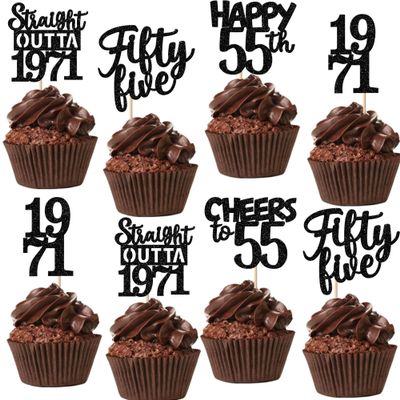 30PCS Black 55th Birthday Cupcake Toppers Glitter Fifty Five Happy 55 Straight Outta 1971 Cupcake Picks for Cheers to 55 Years 55th Birthday Anniversary Party Cake Decorations Supplies