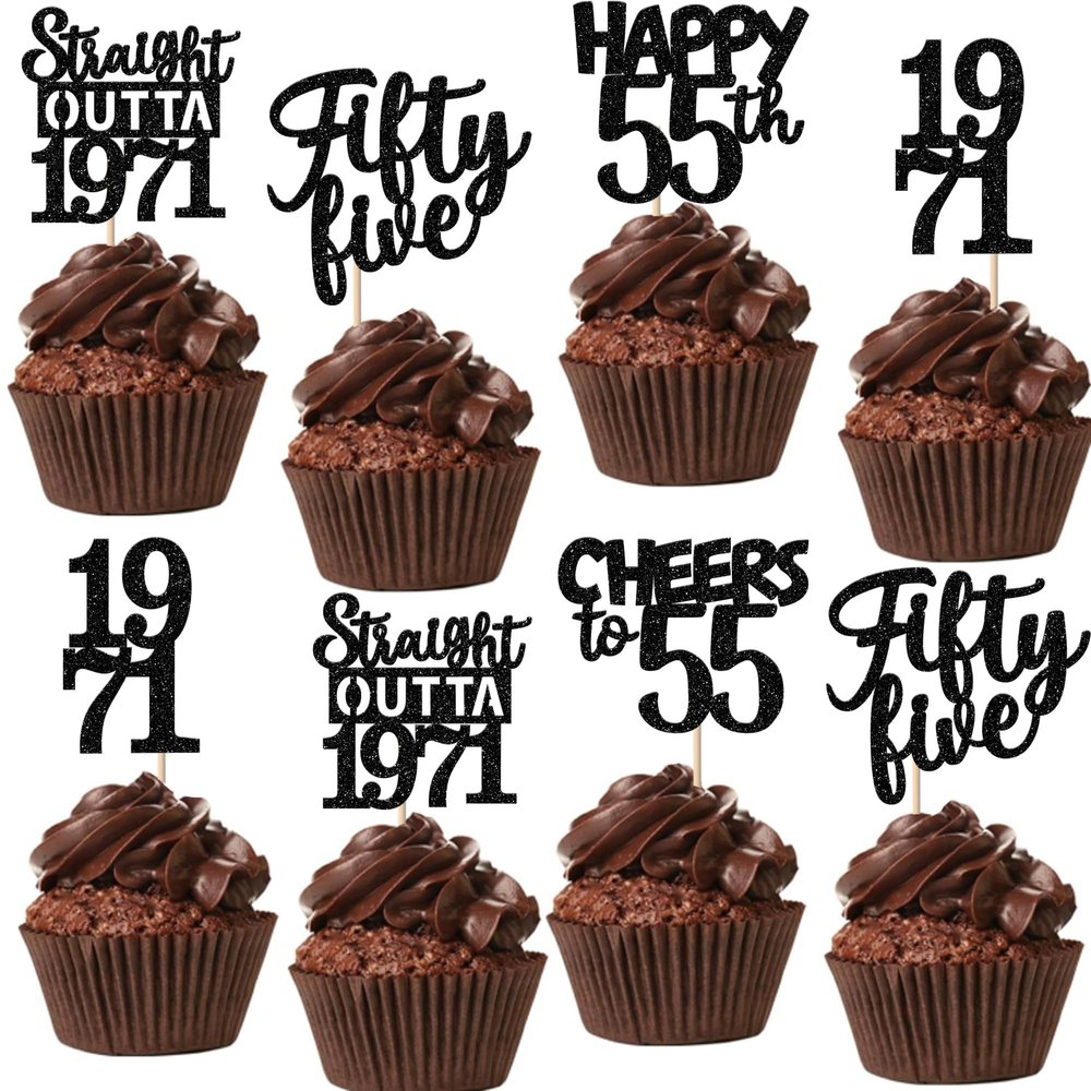 30PCS Black 55th Birthday Cupcake Toppers Glitter Fifty Five Happy 55 Straight Outta 1971 Cupcake Picks for Cheers to 55 Years 55th Birthday Anniversary Party Cake Decorations Supplies