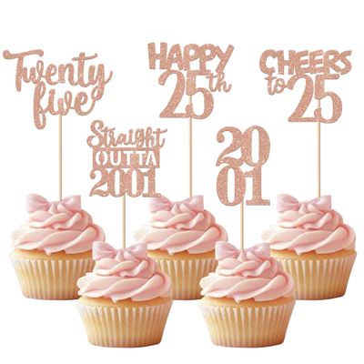 30PCS 25th Birthday Cupcake Toppers Glitter Twenty Five Happy 25 Straight Outta 2001 Cupcake Picks for Cheers to 25 Years 25th Birthday Anniversary Party Cake Decorations Supplies Rose Gold