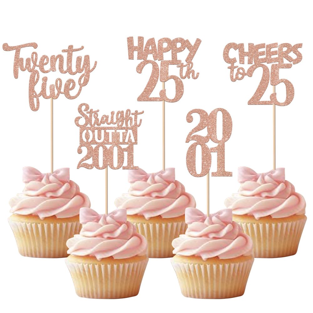 30PCS 25th Birthday Cupcake Toppers Glitter Twenty Five Happy 25 Straight Outta 2001 Cupcake Picks for Cheers to 25 Years 25th Birthday Anniversary Party Cake Decorations Supplies Rose Gold