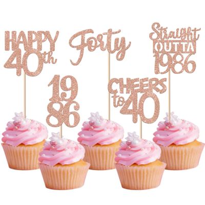 30PCS 40th Birthday Cupcake Toppers Glitter Forty Happy 40th Straight Outta 1986 Cupcake Picks for Cheers to 40 Years Birthday Wedding Anniversary Party Decorations Supplies Rose Gold