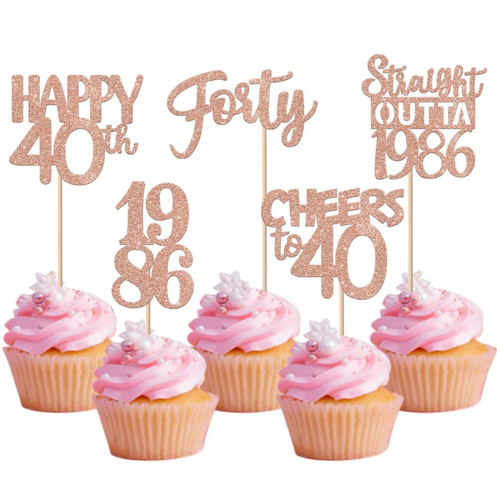 30PCS 40th Birthday Cupcake Toppers Glitter Forty Happy 40th Straight Outta 1986 Cupcake Picks for Cheers to 40 Years Birthday Wedding Anniversary Party Decorations Supplies Rose Gold
