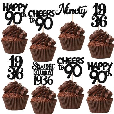 30PCS Black 90th Birthday Cupcake Toppers Glitter Nighty 90 Fabulous Happy 90 Straight Outta 1936 Cupcake Picks for 90th Birthday Anniversary Party Cake Decorations Supplies