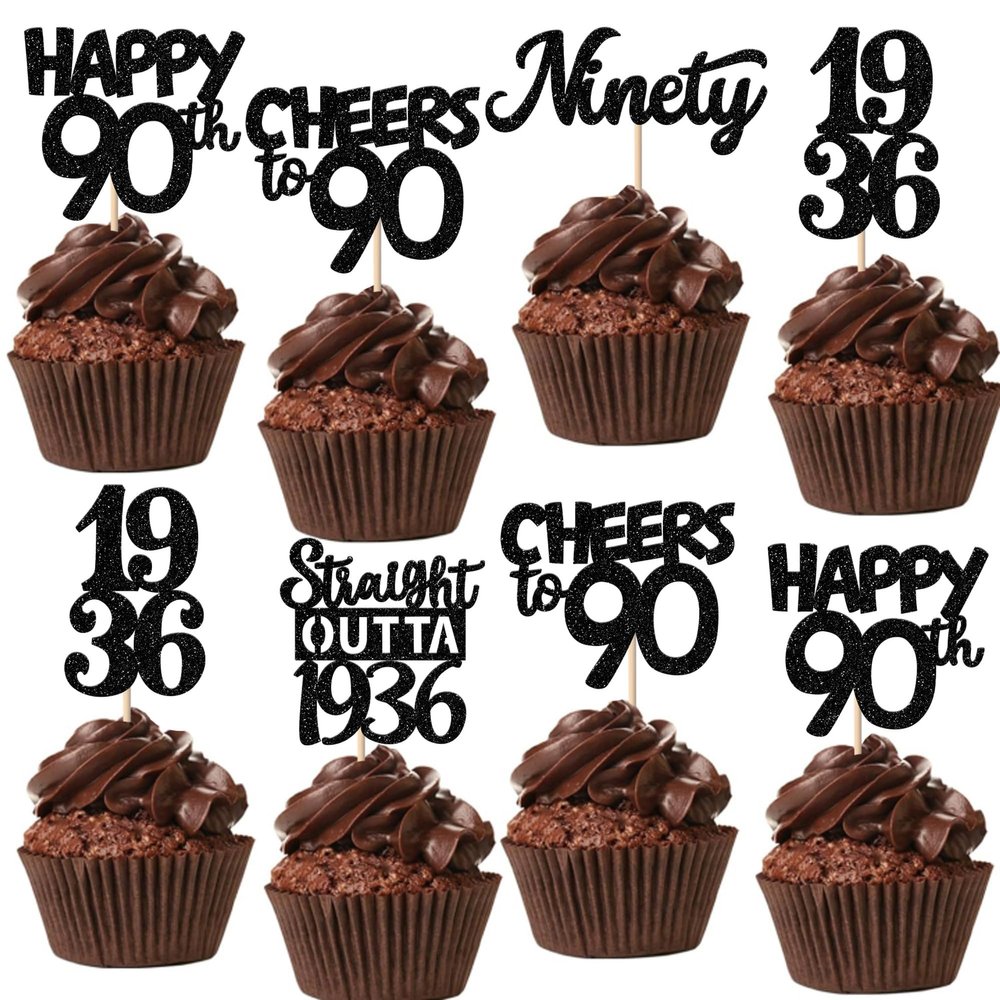 30PCS Black 90th Birthday Cupcake Toppers Glitter Nighty 90 Fabulous Happy 90 Straight Outta 1936 Cupcake Picks for 90th Birthday Anniversary Party Cake Decorations Supplies