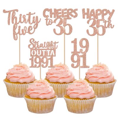 30PCS 35th Birthday Cupcake Toppers Glitter Thirty Five Happy 35 Straight Outta 1991 Cupcake Picks for Cheers to 35 Years 35th Birthday Anniversary Party Cake Decorations Supplies Rose Gold