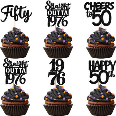 30PCS Black 50th Birthday Cupcake Toppers Glitter Fifty Happy 50th Straight Outta 1976 Cupcake Picks for Cheers to 50 Years Birthday Wedding Anniversary Party Cake Decorations Supplies