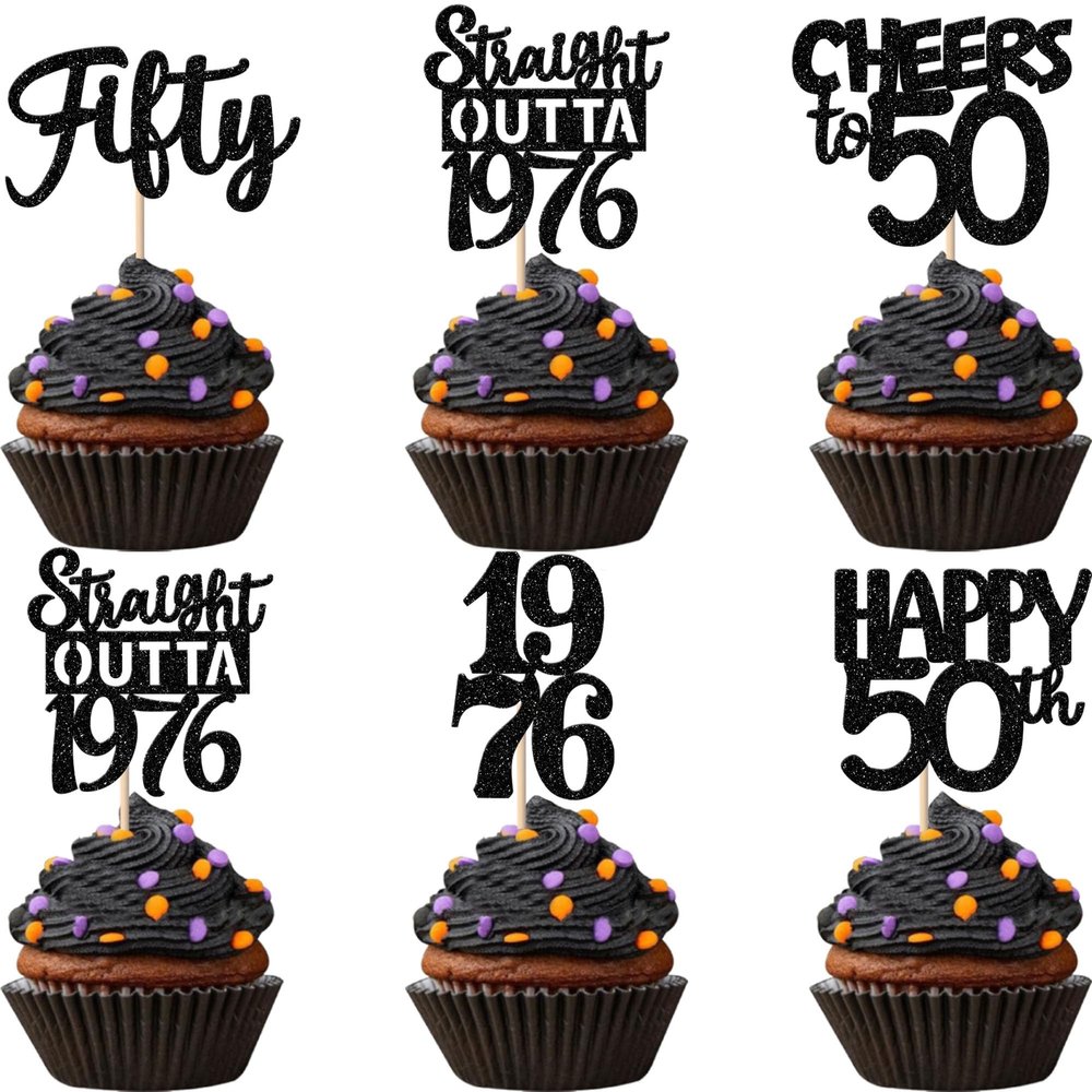 30PCS Black 50th Birthday Cupcake Toppers Glitter Fifty Happy 50th Straight Outta 1976 Cupcake Picks for Cheers to 50 Years Birthday Wedding Anniversary Party Cake Decorations Supplies