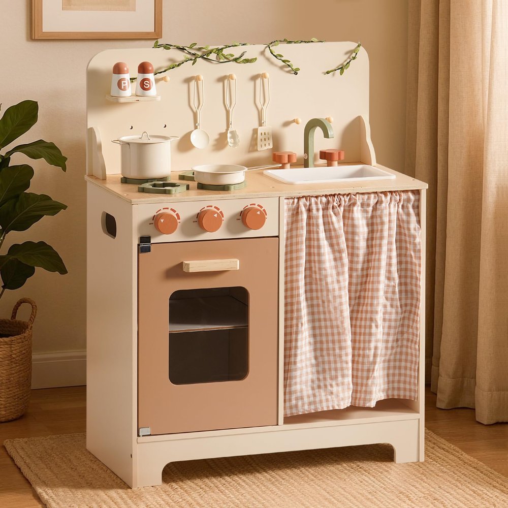 ROBOTIME Kids Play Kitchen Set - Rustic Wooden Kitchen Sets, Pretend Play Kitchen with Leaf Light String, Apron, and Groves, for Toddlers 3+ (Rustic Style)
