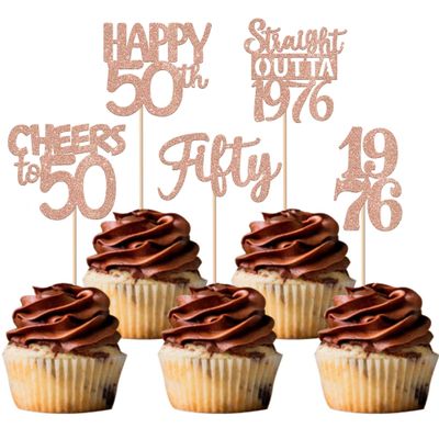 30PCS 50th Birthday Cupcake Toppers Glitter Fifty Happy 50 Straight Outta 1976 Cupcake Picks for Cheers to 50 Years 50th Birthday Wedding Anniversary Party Cake Decorations Supplies Rose Gold