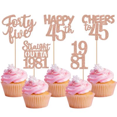 30PCS 45th Birthday Cupcake Toppers Glitter Forty Five Happy 45 Straight Outta 1981 Cupcake Picks for Cheers to 45 Years 45th Birthday Anniversary Party Cake Decorations Supplies Rose Gold