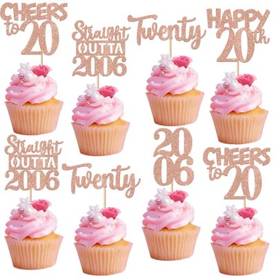 30PCS 20th Birthday Cupcake Toppers Glitter Twenty Happy 20th Straight Outta 2005 Cupcake Picks for Cheers to 20 Years Birthday Wedding Anniversary Party Cake Decorations Supplies Rose Gold