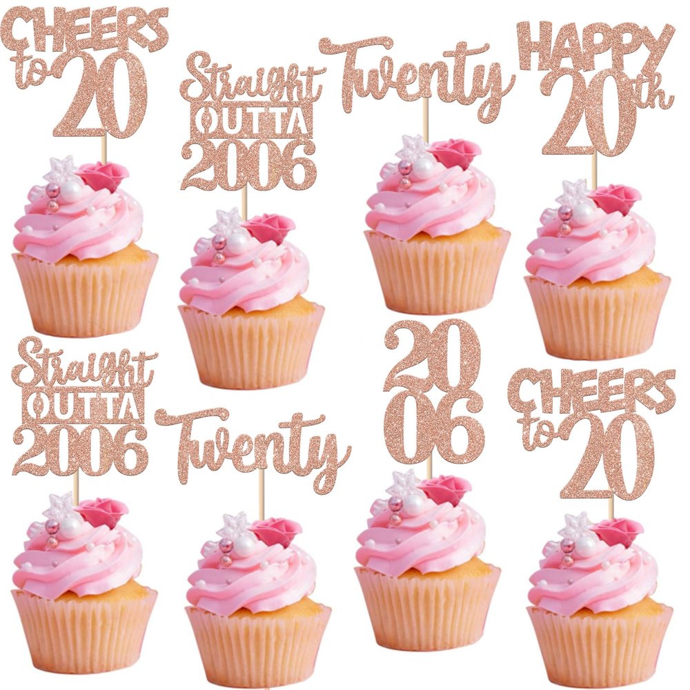 30PCS 20th Birthday Cupcake Toppers Glitter Twenty Happy 20th Straight Outta 2005 Cupcake Picks for Cheers to 20 Years Birthday Wedding Anniversary Party Cake Decorations Supplies Rose Gold