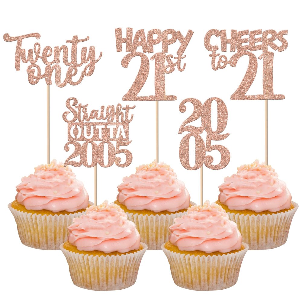 30PCS 21st Birthday Cupcake Toppers Glitter Twenty One Happy 21 Straight Outta 2005 Cupcake Picks for Cheers to 21 Years 21st Birthday Anniversary Party Decorations Supplies Rose Gold