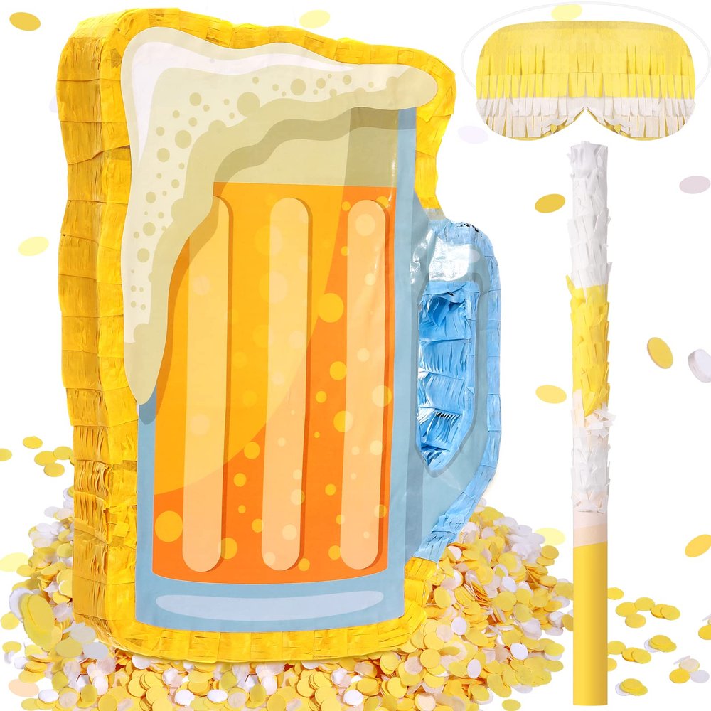 Sratte Beer Piata with Stick and Blindfold Confetti Cheers to Beers Glass Mug Hanging Decoration Mexican Piatas for Adult Birthday Bachelor Party Game Supplies (Lovely)