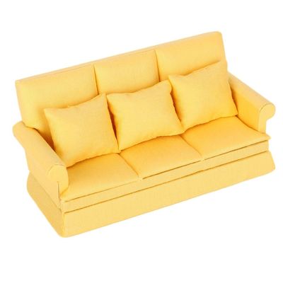 Luqeeg Dollhouse Furniture, 1:12 Scale Miniature Sofa, Doll House Mini Sofa with 3pcs Pillow Wooden Doll House Decoration Accessories Mini Furniture for Dollhouse Living Room (Yellow)