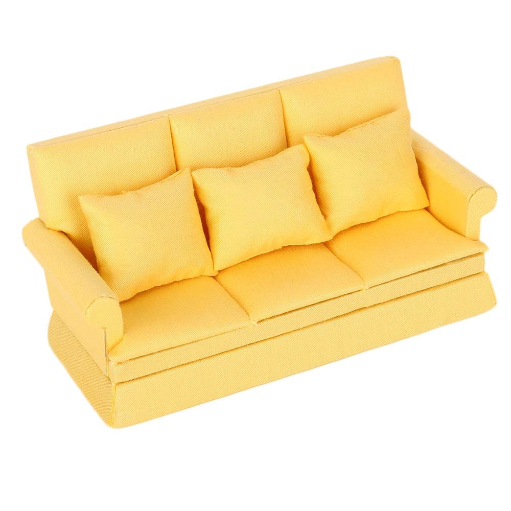 Luqeeg Dollhouse Furniture, 1:12 Scale Miniature Sofa, Doll House Mini Sofa with 3pcs Pillow Wooden Doll House Decoration Accessories Mini Furniture for Dollhouse Living Room (Yellow)