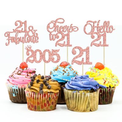 Gyufise 30Pcs 21st Birthday Cupcake Toppers Hello 21 Cupcake Picks 2005 Cupcake Topper for Happy 21st Birthday Anniversary Party Cake Decorations Supplies Rose Gold