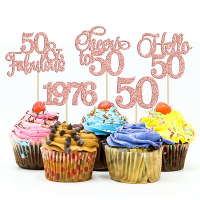 Gyufise 30Pcs 50th Birthday Cupcake Toppers 50 Fabulous Cupcake Picks Cheers to 50 1976 Cake Decorations for Happy 50th Birthday Wedding Anniversary Party Decoration Supplies Rose Gold