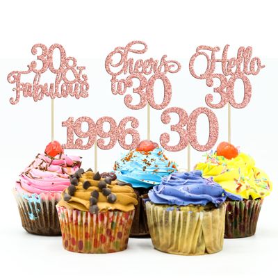Gyufise 30Pcs 30th Birthday Cupcake Toppers Glitter Hello 30 Cupcake Topper Cheers to 30 1996 Thirty Cupcake Picks for Happy 30th Birthday Anniversary Party Cake Decorations Rose Gold