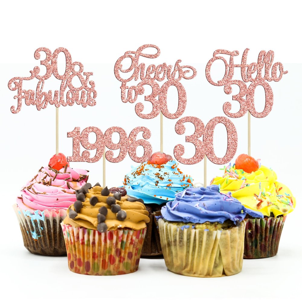 Gyufise 30Pcs 30th Birthday Cupcake Toppers Glitter Hello 30 Cupcake Topper Cheers to 30 1996 Thirty Cupcake Picks for Happy 30th Birthday Anniversary Party Cake Decorations Rose Gold