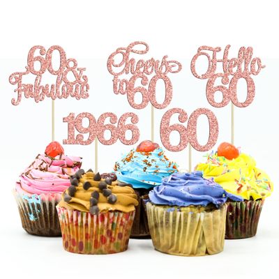 Gyufise 30Pcs 60th Birthday Cupcake Toppers 60 Fabulous Cupcake Picks Cheers to 60 1966 Cake Decorations for Happy 60th Birthday Wedding Anniversary Party Decoration Supplies Rose Gold