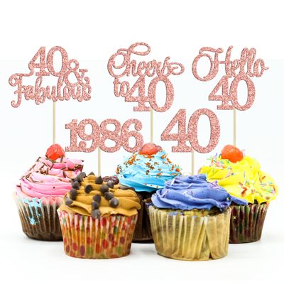 Gyufise 30Pcs 40th Birthday Cupcake Toppers 40 Fabulous Cupcake Picks Cheers to 40 1985 Cake Decorations for Happy 40th Birthday Wedding Anniversary Party Decoration Supplies Rose Gold