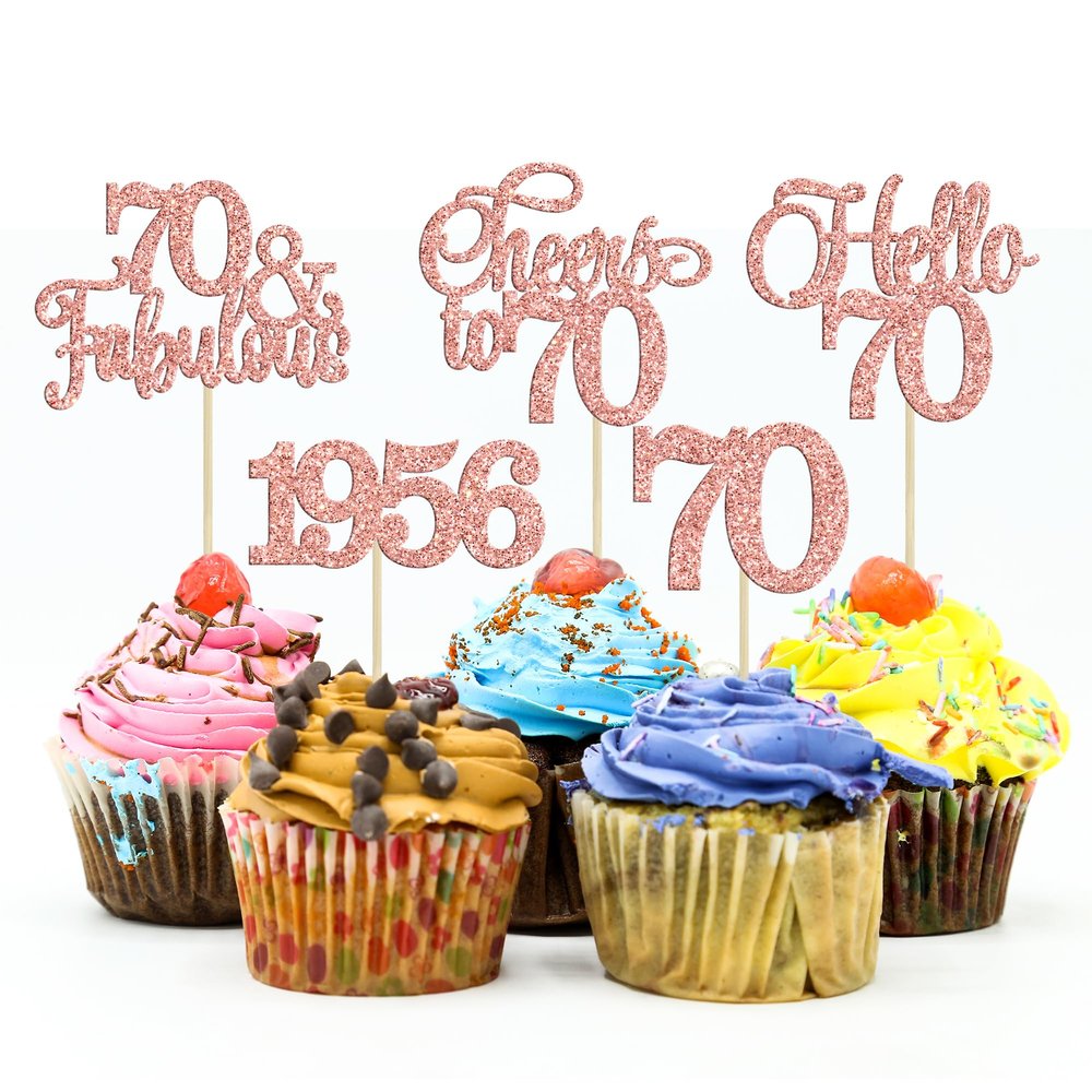 Gyufise 30Pcs 70th Birthday Cupcake Toppers 70 Fabulous Cupcake Picks Cheers to 70 1956 Cake Decorations for Happy 70th Birthday Wedding Anniversary Party Decoration Supplies Rose Gold