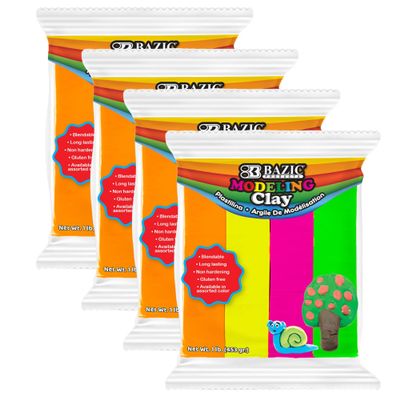 BAZIC Products Modeling Clay Neon Color 1 LB, Modeling Dough Non Toxic Gift for Artist Kids, Bulk for Classroom, 4-Pack