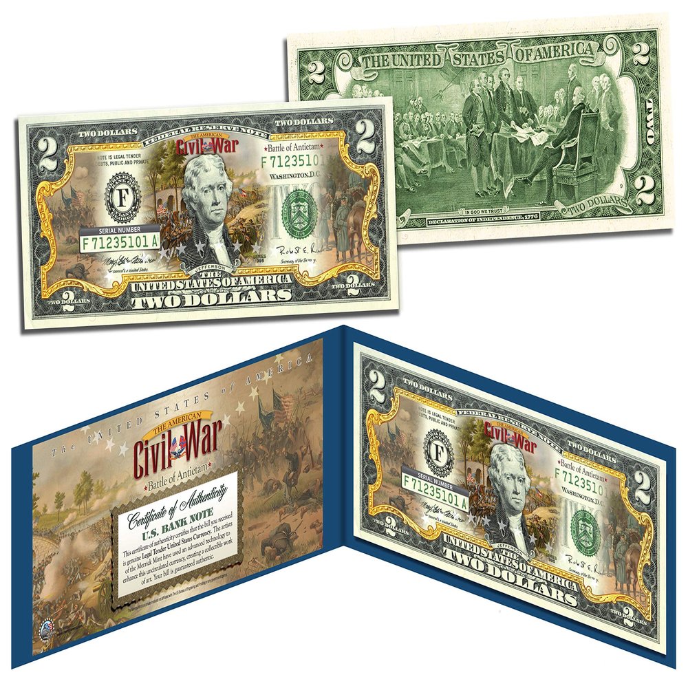 American Civil WAR Battle of Antietam Uncirculated Two Dollar Bill Special Edition Collectible Display Holder and Certificate