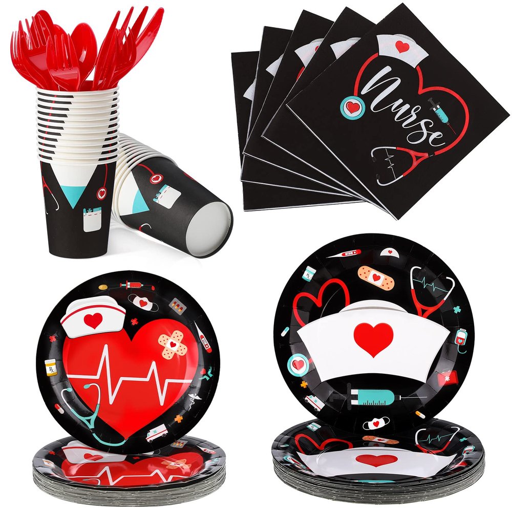 Yisong 168 Pcs Nurse Graduation Party Decorations, Doctor Medical Birthday Tableware Set 24 Guests Dinner Dessert Plates Cups Napkins for Doctors Day Nursing School Office Party Supplies(Black)