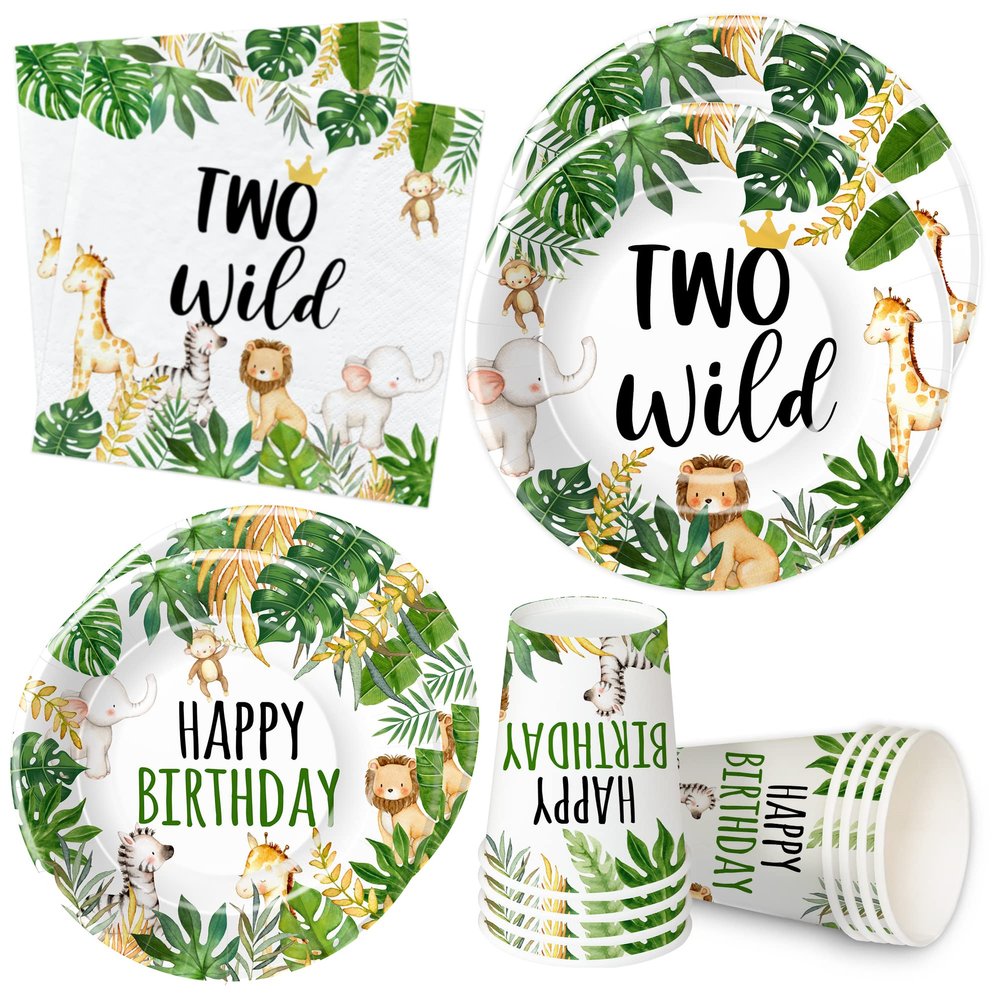 HIPVVILD Jungle Animal Theme Two Wild Birthday Plates And Napkins Party Supplies - Safari Party Decorations For 2-Year-Old Birthday, Plate, Cup, Napkin | Serve 24