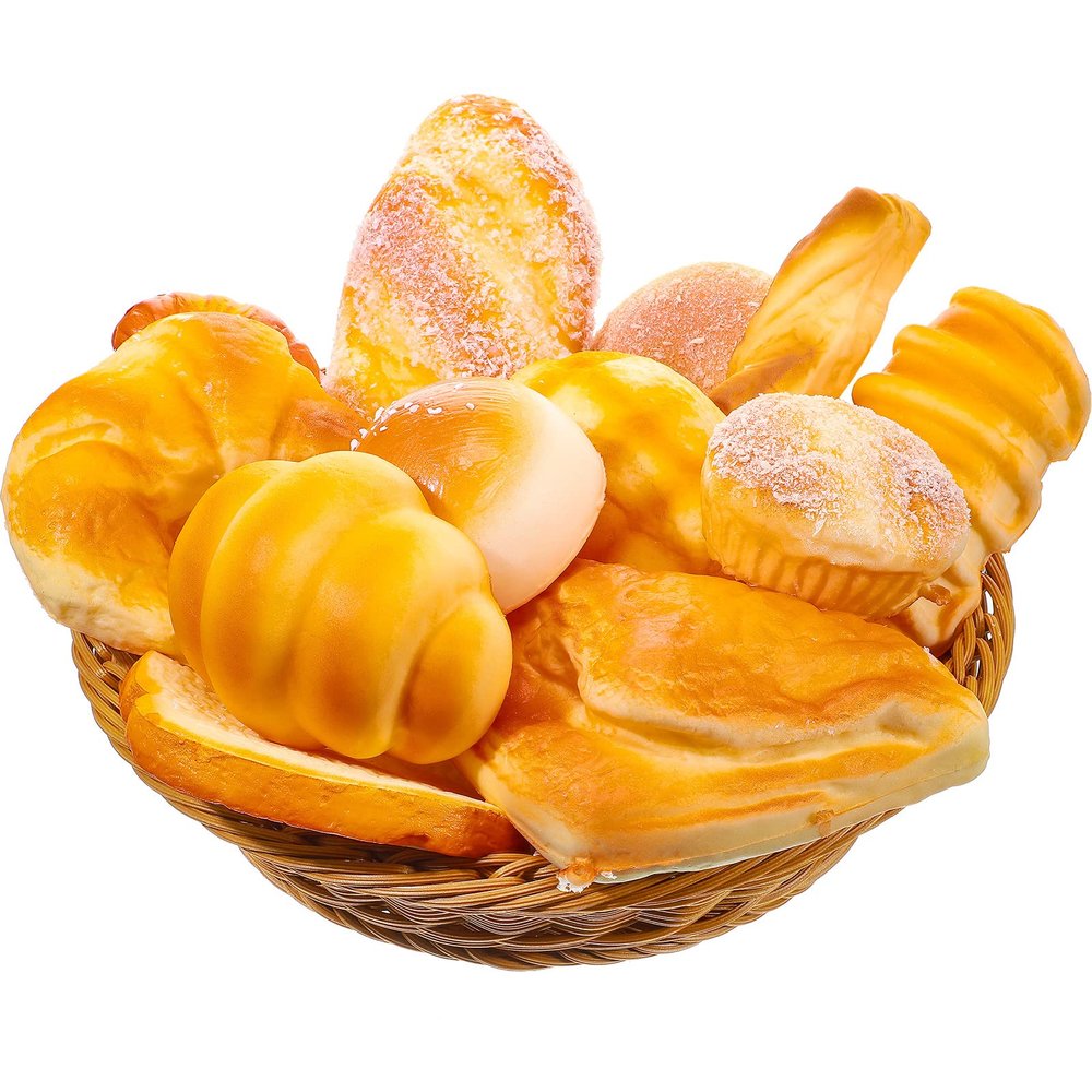 Chivao 13 Pcs Fake Bread with Basket Artificial Food for Display Photo Props Realistic Bread Toy Set Simulation French Loaf Faux Pastries Food Model for Bakery Home Kitchen Decoration(Bread)