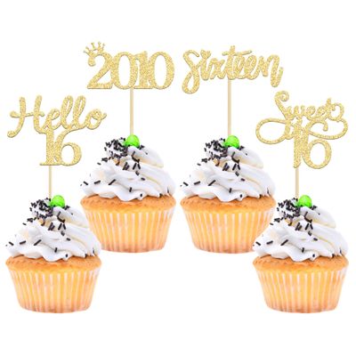 Gyufise 24 Pack Gold Glitter 16th Birthday Cupcake Toppers Hello Sweet 16 Sixteen Since 2010 Cupcake Picks for 16th Birthday Party Cake Decorations Supplies