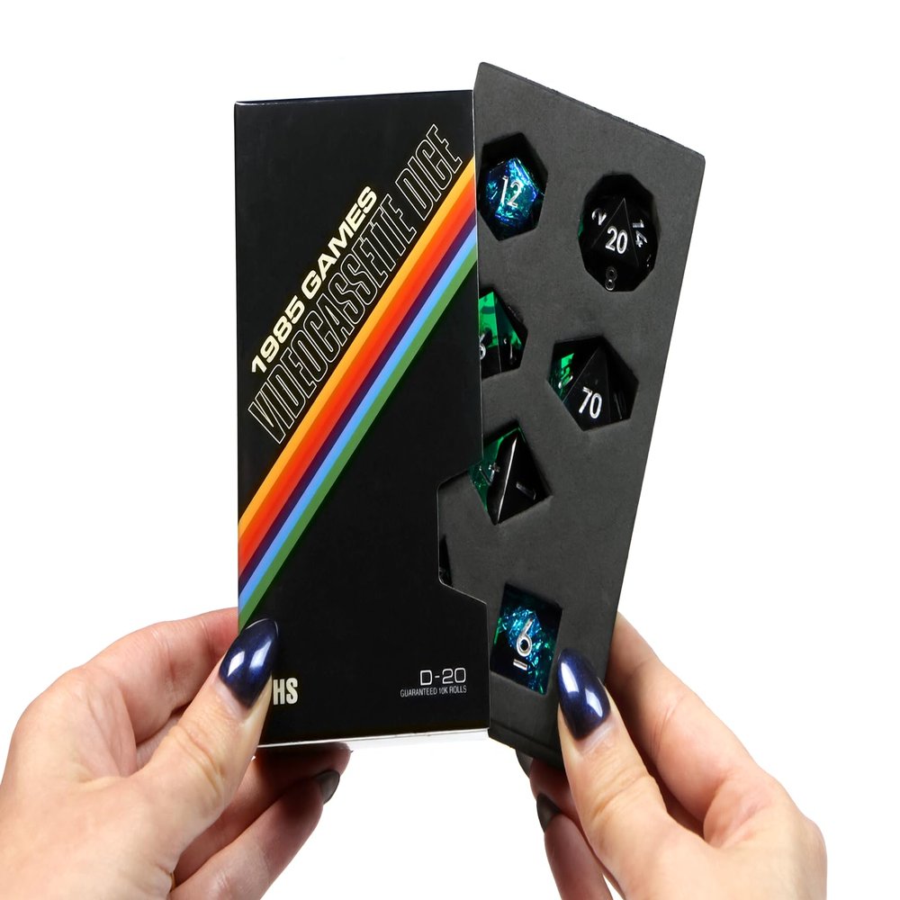 1985 Games Sharp Edge DND Dice Set Surge 7 Piece Polyhedral Dice in Retro VHS Box TTRPG Tabletop RPG Game Accessory