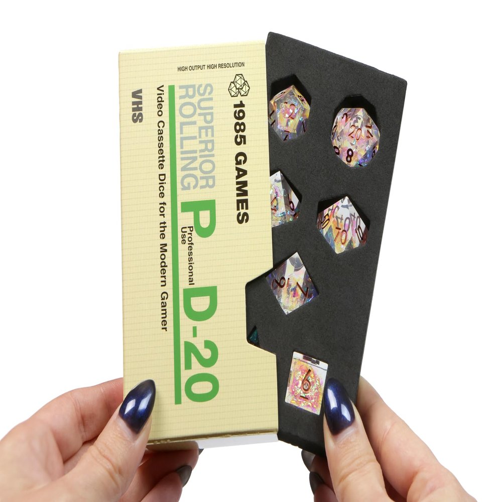 1985 Games Sharp Edge D&D Dice Set Handmade Resin Polyhedral Dice in VHS Retro Box 7 Dice for TTRPG (Crystal Ball)