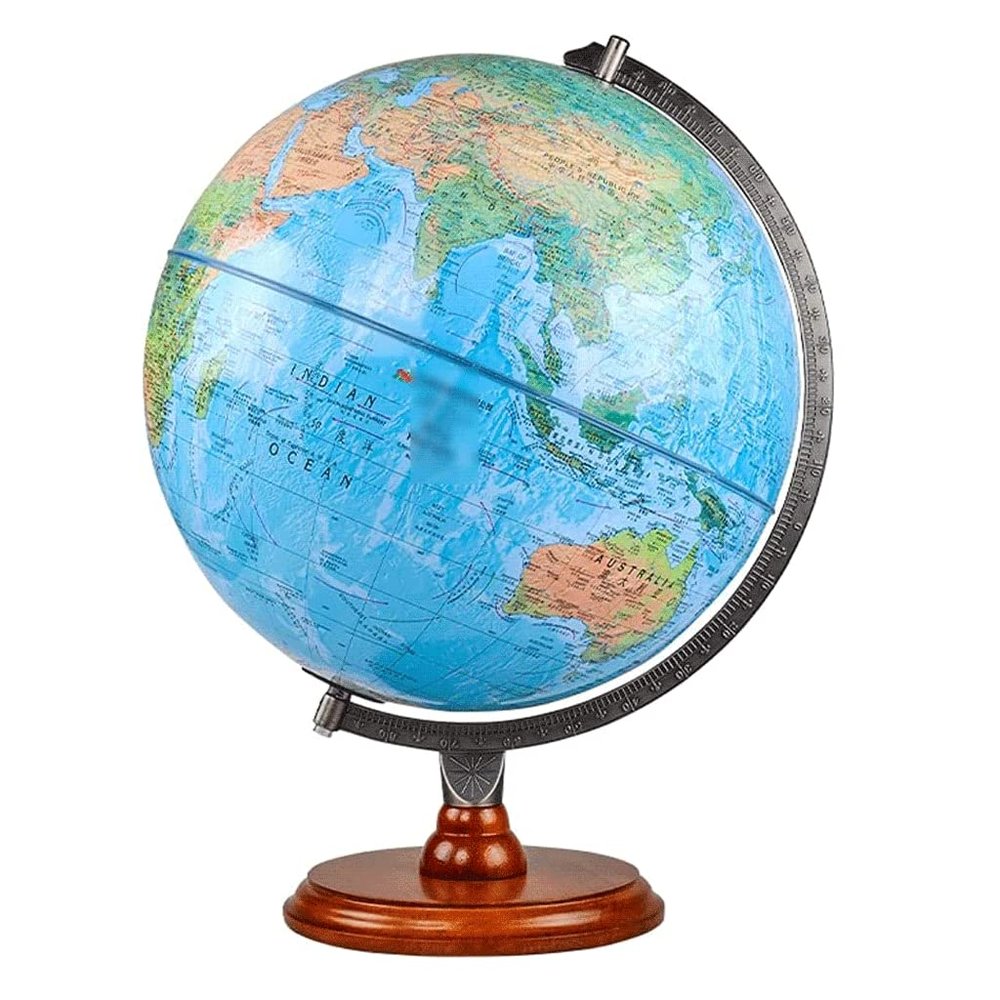 HRTC World Globe Stylish Globe with Wooden Base Antique Decorative Table Globe 12.5 Inch Embossed World Globe Table Display Globe Clear Text Marking