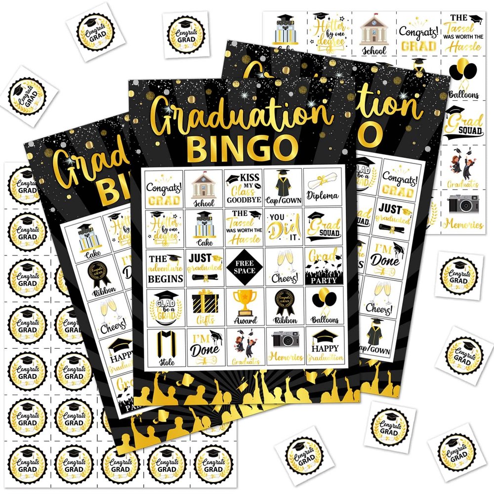 Balterever Graduation Bingo Games Black Gold Graduation Game for 24 Players Graduation Party Games and Activities Funny Grad Party Game Cards for High School or College Graduation Party Supplies