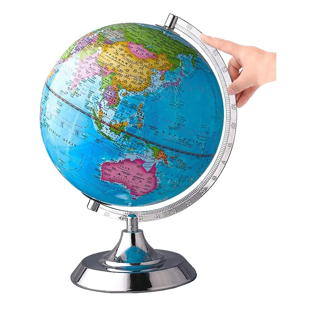 HRTC World Globe Newest World Globe with Metal Stand and Magnifying Glass Geographic Globe for Kids and Adults Office Decoration Globe Clear Text Marking