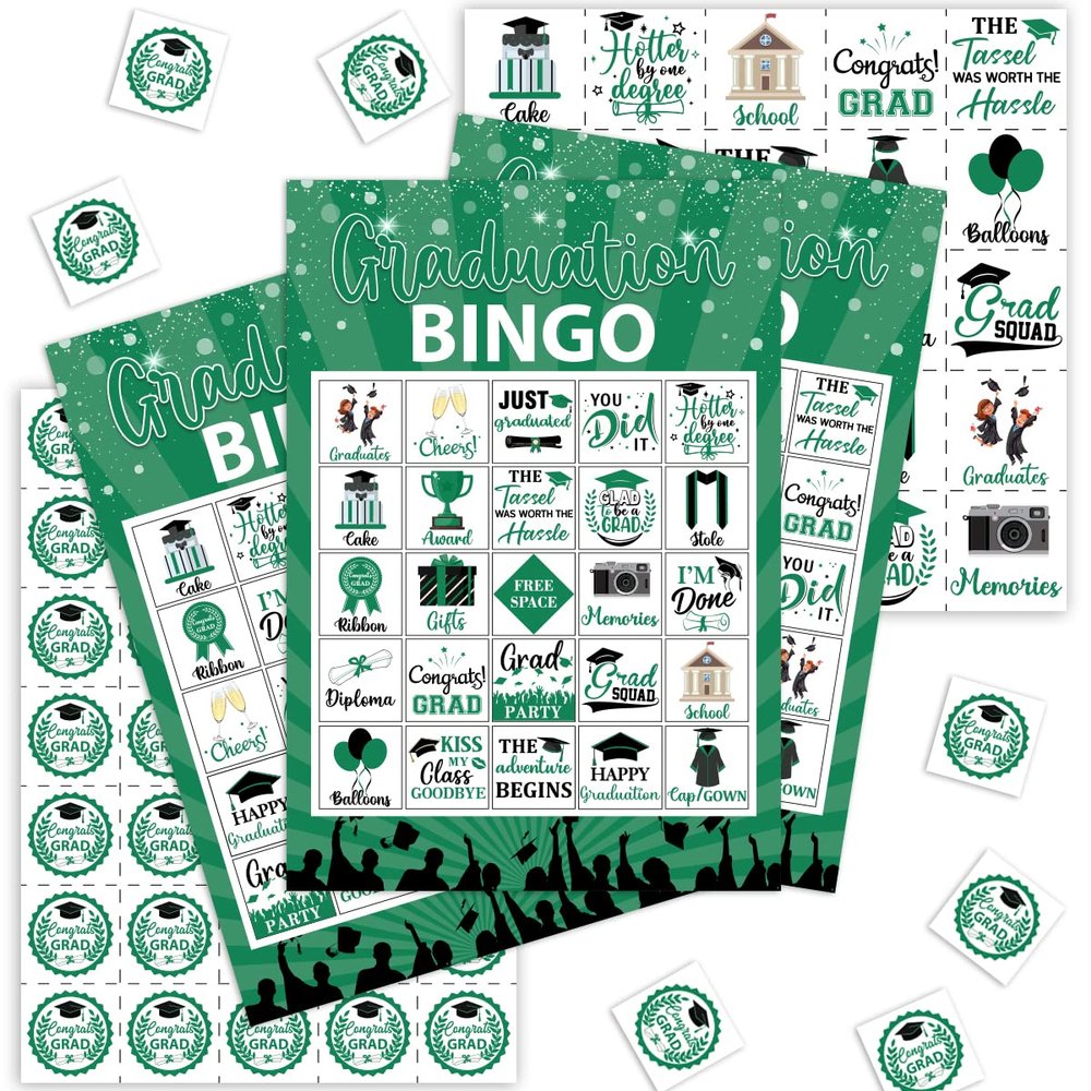 Balterever Graduation Bingo Games Green Graduation Game for 24 Players Graduation Party Games and Activities Funny Grad Party Game Cards for High School or College Graduation Party Supplies