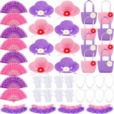 Geyoga 48 Pcs Girls Tea Party Dress up Playset Includes Toddler Tea Party Gloves and Hat Feather Boa for Kids Dress up Purses Handheld Fans for Girls Kids Birthdays Easter Supplies Accessories